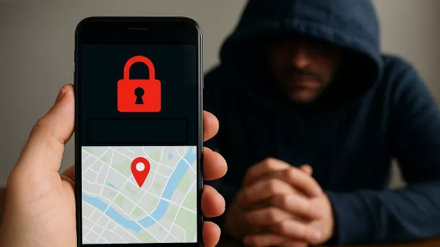 Smartphone s mapou na displeji a hacker s kapucí v pozadí