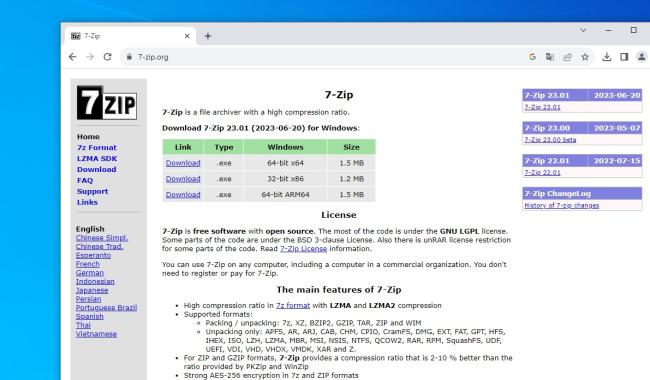 Obrazovka programu 7-Zip