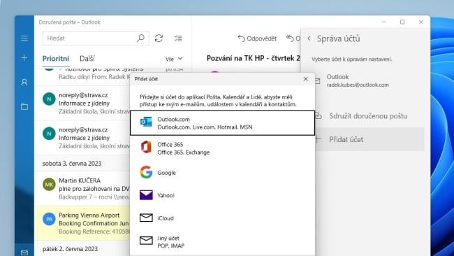 Připojení freemailových služeb do aplikace Pošta