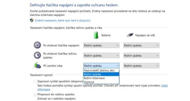 Nastavení režimu vypínacího tlačítka notebooku