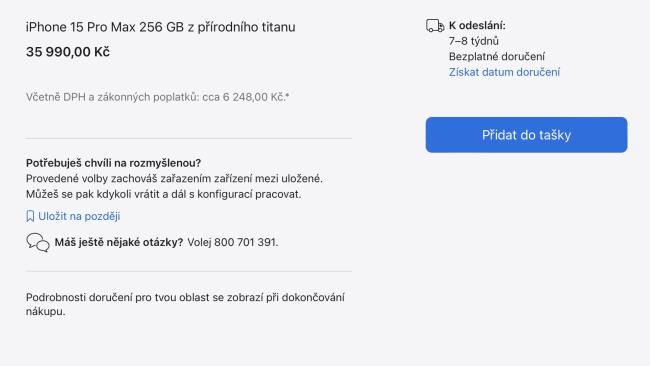 Doba dodání iPhonu 15 z oficiálního e-shopu Apple