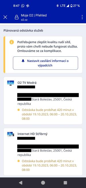 Výpadek internetu O2, snímek obrazovky