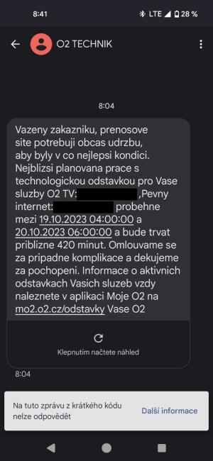 Výpadek internetu O2, snímek obrazovky
