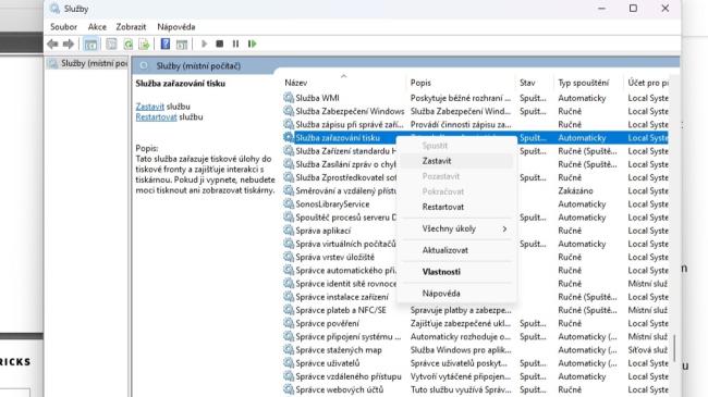 Okno Služby ve Windows 11