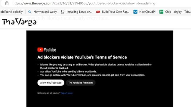 Varování YouTube před používání blokátoru reklam