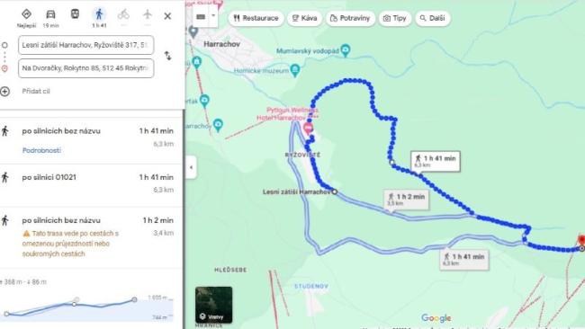 Zobrazení trasy na Mapách Google spolu s výškovým profilem