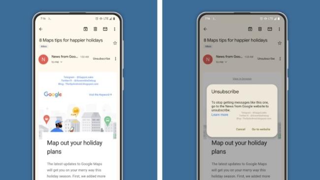 Obrazovky nového prostředí aplikace Gmail s tlačítkem Unsubscribe