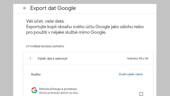 Služba Google takeout pro export dat z účtu