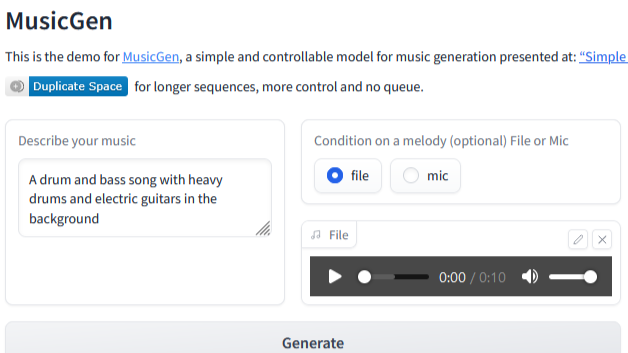 Aplikace MusicGen a vložení melodie