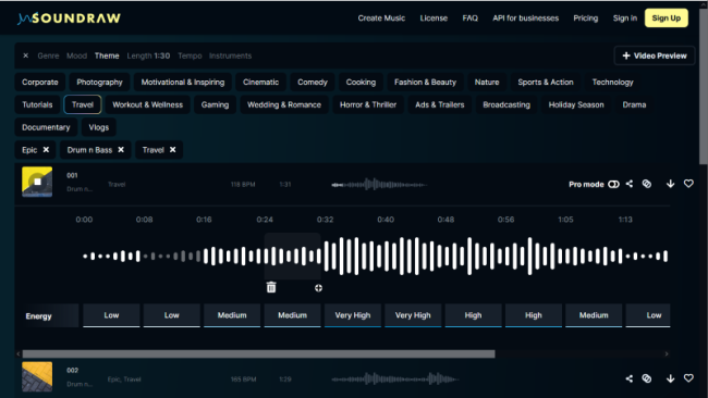 Úpravy hudby v aplikaci Soundraw