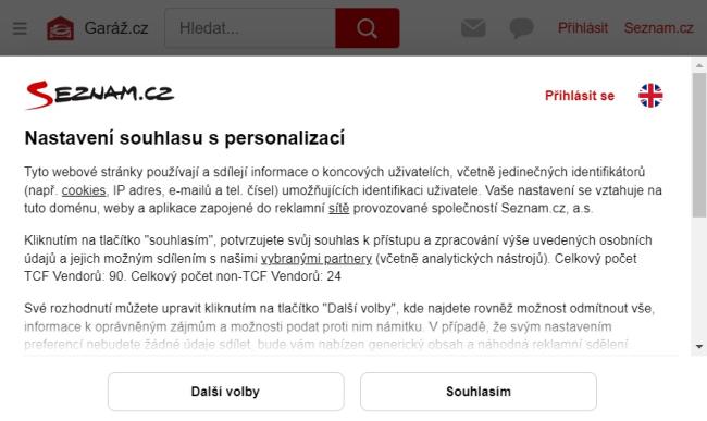 Banner s cookies u obsahu na stránce Seznam.cz