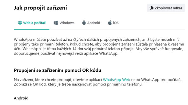 Informace WhatsAppu o propojených zařízeních