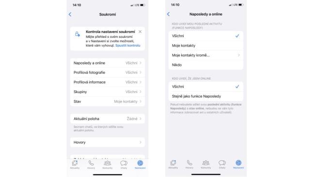 Obrazovky nastavení WhatsAppu pro oblast ochrany soukromí