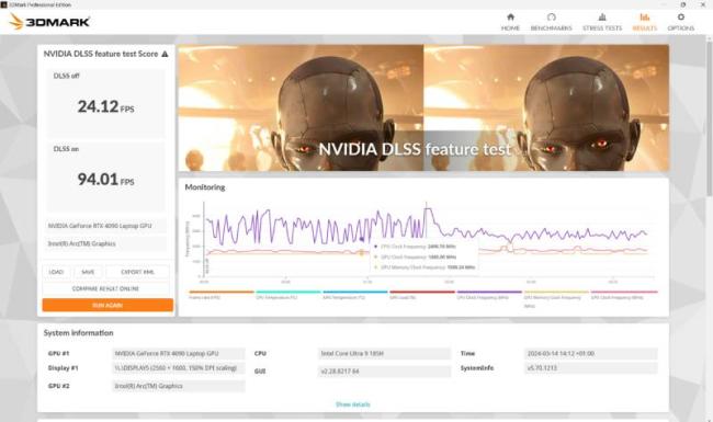 Rozdíl mezi snímkovou frekvencí při vypnutém a zapnutém DLSS 3.5 ukazuje i benchmark 3DMark NVIDIA DLSS Feature Test.