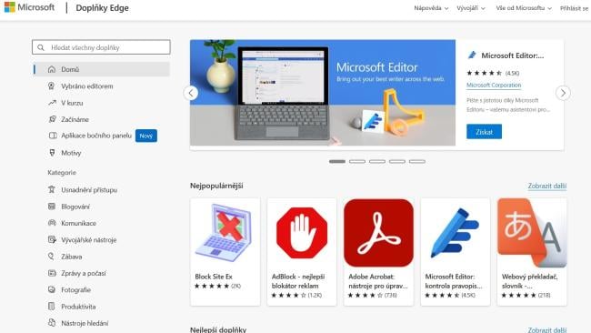 Stránka pro instalaci rozšíření prohlížeče Edge