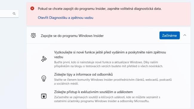 Nabídka kanálu Windows Insider