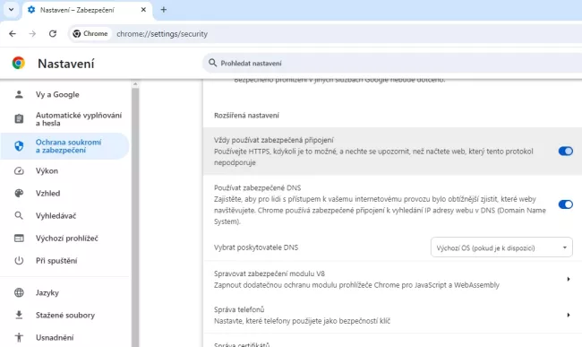 Nastavení preference HTTPS v prohlížeči Chrome