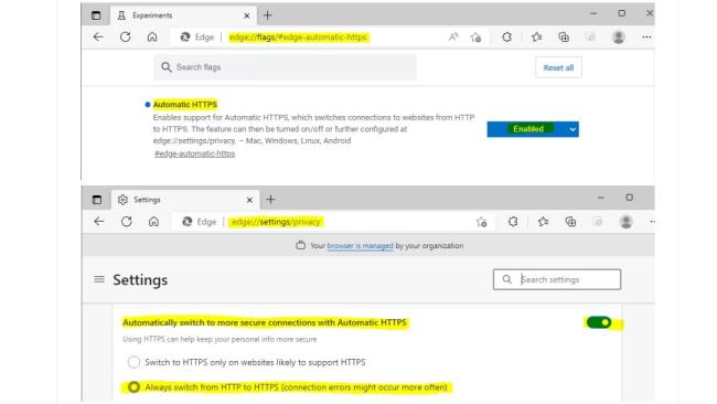 Nastavení příznaku pro vynucené HTTPS v Edge