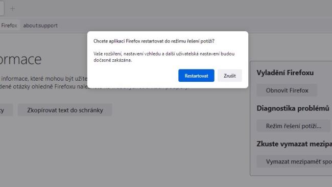 Režim opravy problémů ve Firefoxu