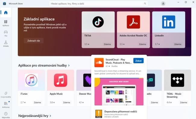 Okno aplikačního obchodu Microsoft Store