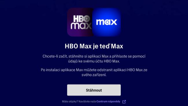 Hláška o přechodu z aplikace HBO Max na Max