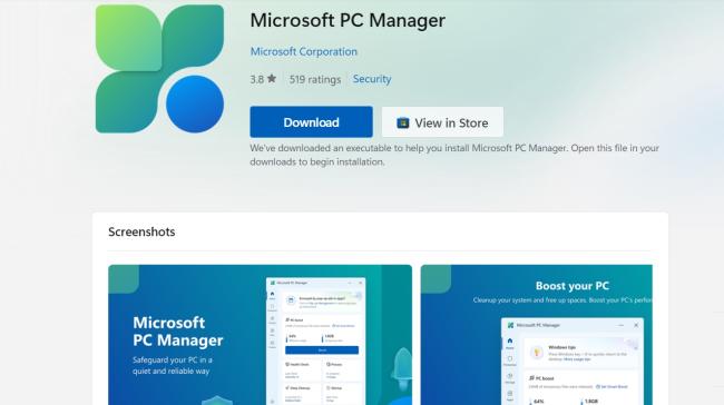 Program PC Manager v nabídce aplikační platformy Microsoft Store