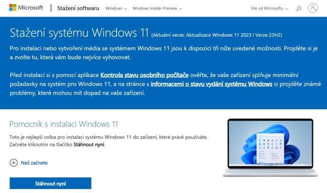 Stránka Microsoftu pro podporu instalace Windows 11