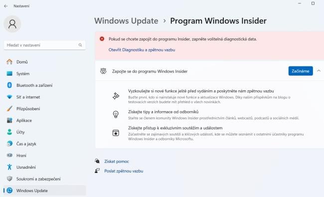 Nastaven programu Windows Insider ve službě Windows Update