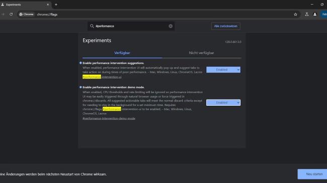 Stránka Experimenty a nastavení v prohlížeči Chrome