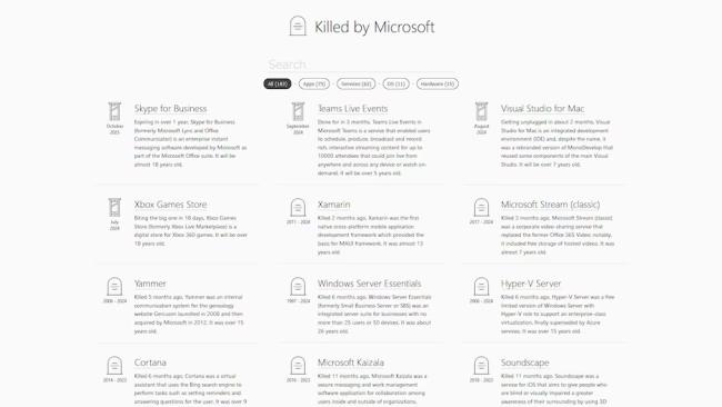 Webová aplikace Killed by Microsoft