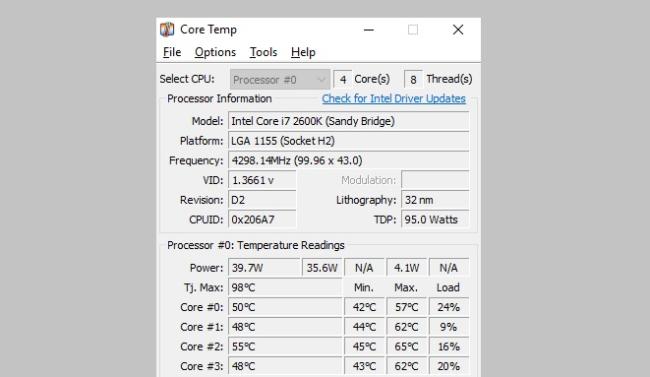 Program Core Temp pro měření teploty procesoru