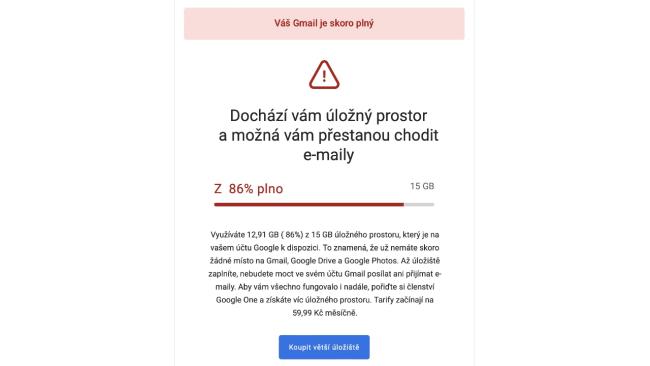 E-mail ohledně zahlcení Gmailu