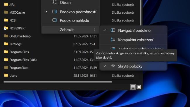 Zobrazení skrytých souborů přes vlastnosti Průzkumníka