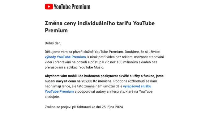 Zdražení Youtube Premium