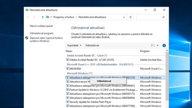Odstranění aktualizace ve Windows 10
