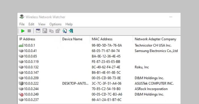 Přehled připojených zařízení v programu Wireless Network Watcher