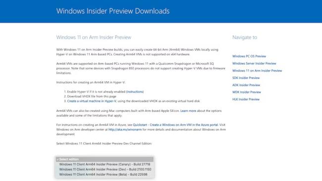Nabídka stažení Windows on ARM v programu Windows Insider