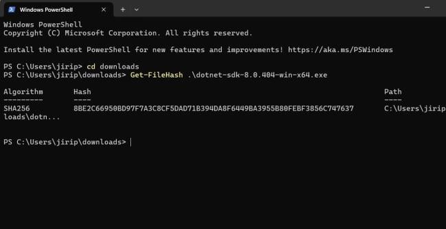 Nástroj Get-FileHash v Terminálu Windows