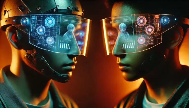 Dva lidé komunikují s nasazenými VR brýlemi