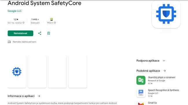 Stránka apliakce Android System SafetyCore