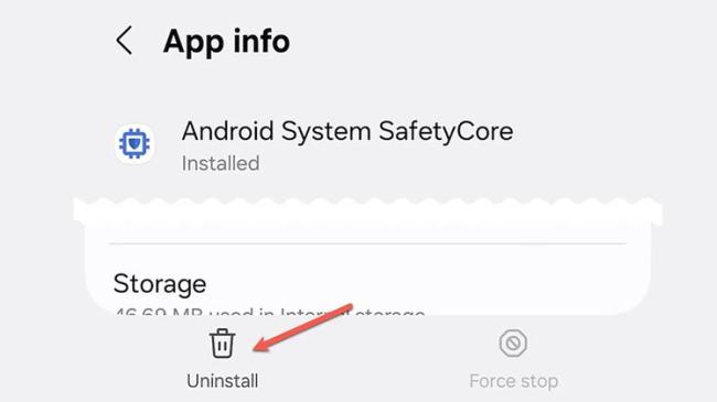 Vymazání aplikace Android System SafetyCore