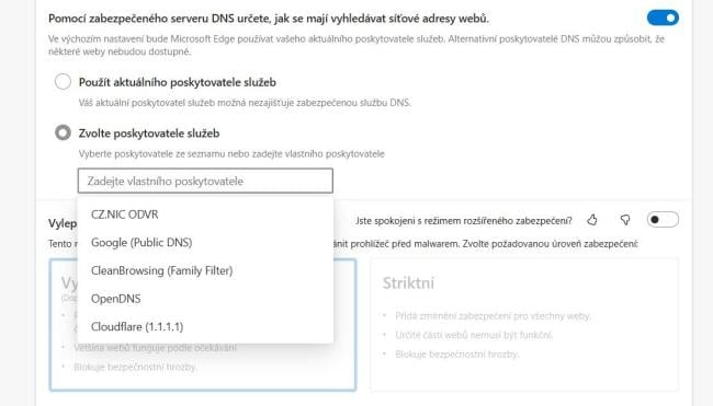 Aktivace a výběr šifrovaného DNS v prohlížeči Edge