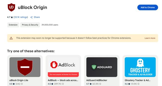 uBlock Origin varování