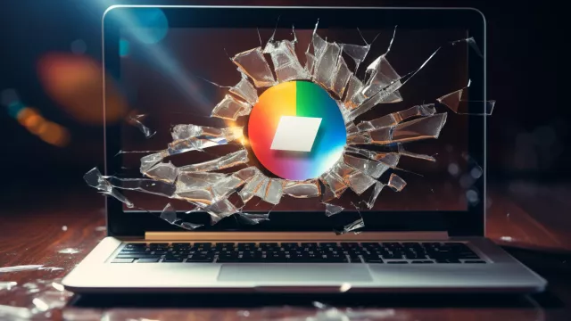 Laptop s rozbitým displejem a logem Chrome