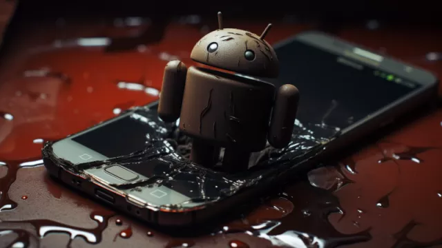 Robot Android stojí na rozbitém smartphonu