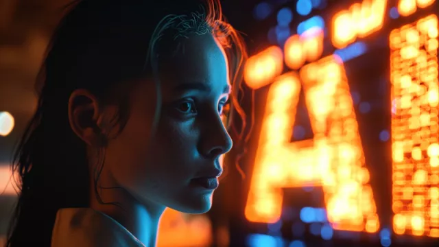 Dívka a v pozadí text AI