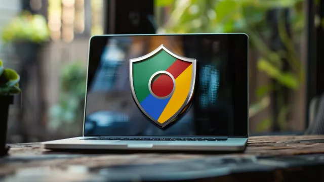 Logo Google ve tvaru ochranného štítu na displeji laptopu