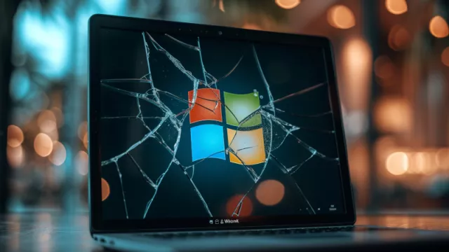 Laptop s rozbitým displejem a logem Windows na obrazovce