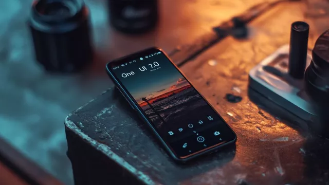 Smartphone s nápisem One UI 7.0 na displeji