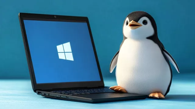 Tučňák sedí na klávesnici laptopu s Windows